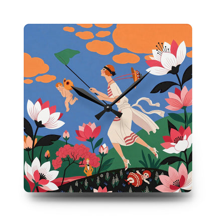🌸🪽 The Lady Chasing Cupid Acrylic Wall Clock – Art Deco Garden Whimsy