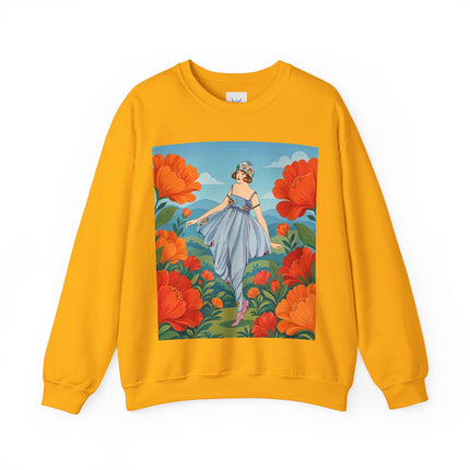 🌺🩵 The Poppy Hill Promenade Crewneck Sweatshirt – Art Deco Fashion Whimsy