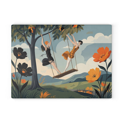 🌳🧡 The Ladies Of The Autumn Swing Glass Cutting Board – Art Deco Woodland Whimsy