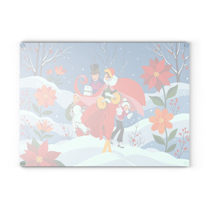 🎄🌺 The Christmas Carolers In The Poinsettia Garden Glass Cutting Board – Whimsical Holiday Fantasy