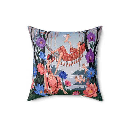 🌸🪽 The Garden Of Little Cupids Square Pillow – Art Deco Floral Fantasy