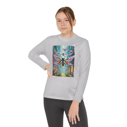 Neon Swarm Youth Long Sleeve Competitor Tee – Cyberpunk Flight & Futuristic Energy