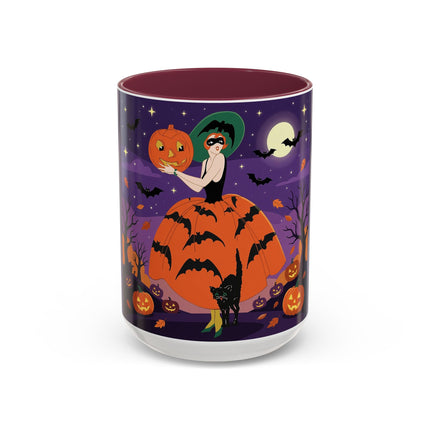 🎃🌕 The Pumpkin Moon Enchantress Colorful Mug – Elegant Halloween Masquerade