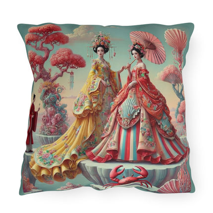 Cherry Blossom Courtesans & Crimson Crab Outdoor Pillows – Imperial Elegance & Playful Charm
