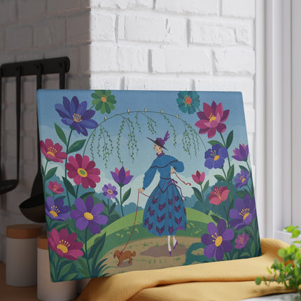 🌸🐕 The Lady Of The Flower Walk Glass Cutting Board – Art Deco Garden Elegance