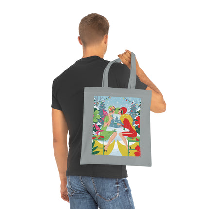 🎄☕ Christmas Tea In The Snow Garden Cotton Tote Bag – Art Deco Holiday Friendship