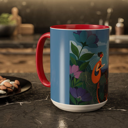 The Lady And The Sea Breeze Colorful Mugs – Art Deco Coastal Serenity