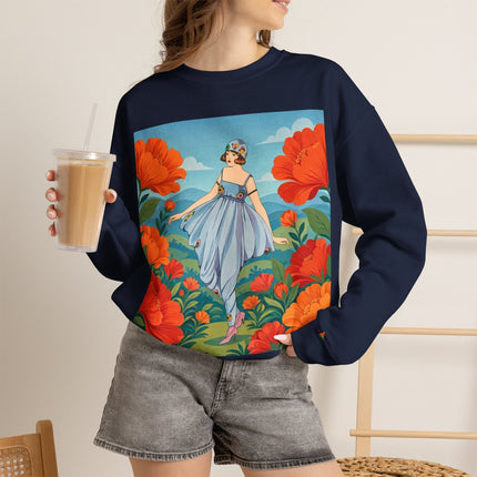 🌺🩵 The Poppy Hill Promenade Crewneck Sweatshirt – Art Deco Fashion Whimsy