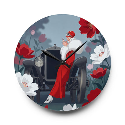 🚗🌺 The Lady Of The Scarlet Roadster Acrylic Wall Clock – Art Deco Motoring Elegance