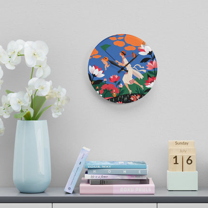 🌸🪽 The Lady Chasing Cupid Acrylic Wall Clock – Art Deco Garden Whimsy