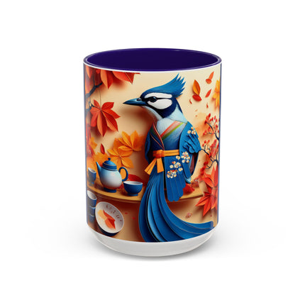 Blue Jay at an Autumn Tea Ceremony Colorful Mugs (11oz, 15oz)
