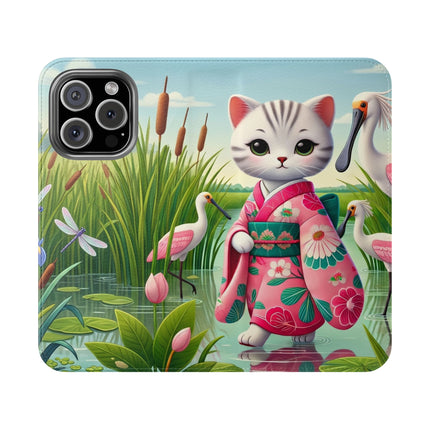 🦩🌸 Geisha Kitten Strolls Among the Spoonbills Flip Case – Serene Grace & Marshland Wonder