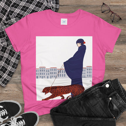 🐆🖤 The Lady With The Leopard Cotton Tee – Art Deco Fashion Illustration
