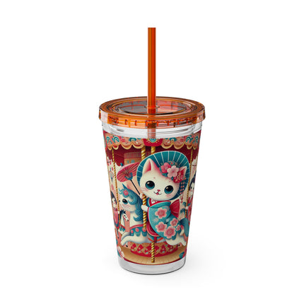 Geisha Kitten's Enchanted Carousel Ride Sunsplash Tumbler with Straw, 16oz