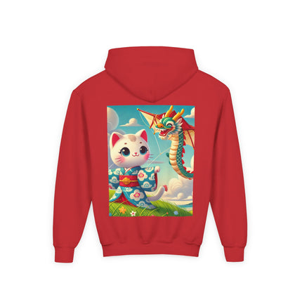 Geisha Kitten and the Dragon Kite Youth Hooded Sweatshirt – Bold Energy & Sky-High Adventure