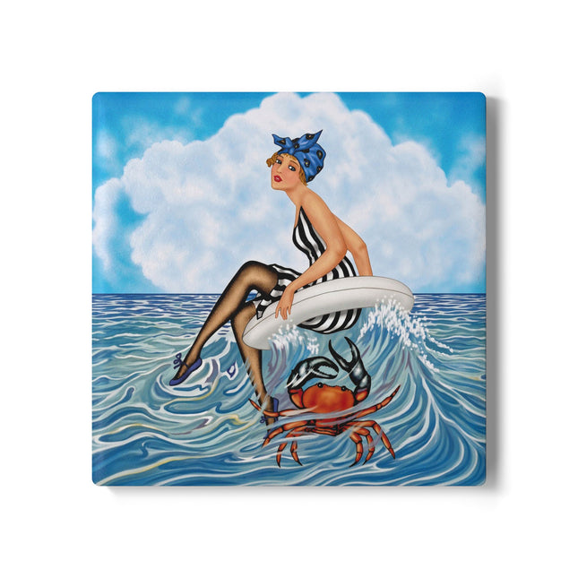 🦀🌊 The Seaside Crab Ride Ceramic Coaster – Art Deco Beach Whimsy