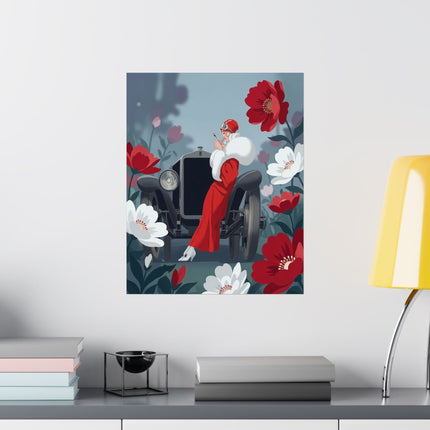 ❤️🚘 The Lady Of The Red Roadster Matte Vertical Poster – Art Deco Motoring Elegance