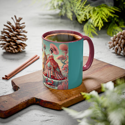 Cherry Blossom Courtesans & Crimson Crab Colorful Mug – Imperial Elegance & Playful Charm