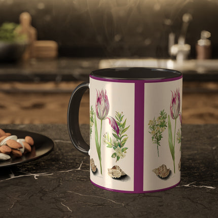 Tulip, Branches of Myrtle and Shells by Maria Sibylla Merian Colorful Mugs, 11oz