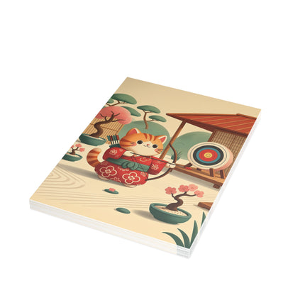🏹🌸 The Cherry Blossom Archer Kitten Greeting Card – Whimsical Japanese Garden