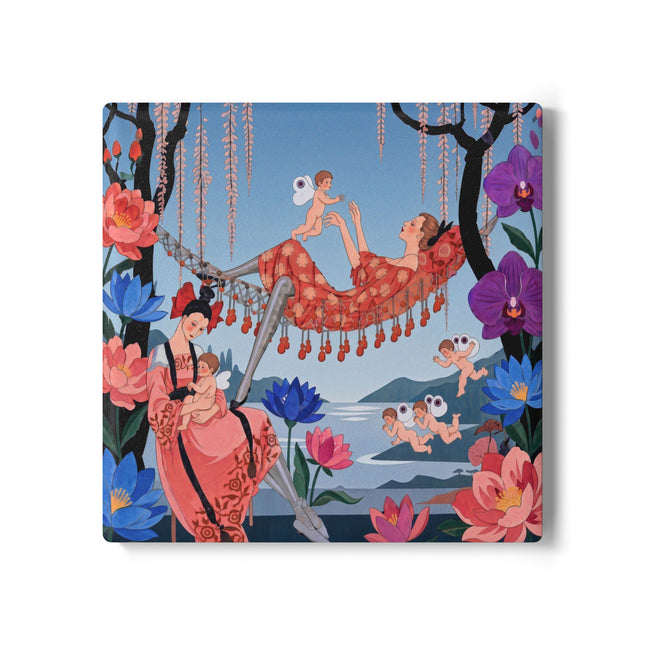 🌸🪽 The Garden Of Little Cupids Ceramic Coaster – Art Deco Floral Fantasy