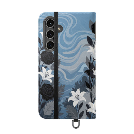 🖤🤍 The Lady Of The Black Rose Garden Flip Case – Art Deco Floral Elegance