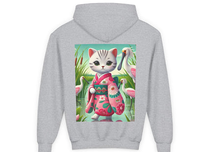 Geisha Kitten Strolls Among the Spoonbills Youth Heavy Blend Hooded Sweatshirt