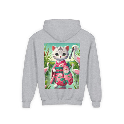 Geisha Kitten Strolls Among the Spoonbills Youth Hooded Sweatshirt – Graceful Nature & Whimsical Charm
