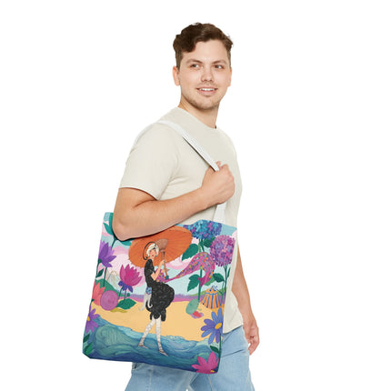 ☂️🌺 The Lady Of The Seaside Parasol Tote Bag – Art Deco Floral Fashion