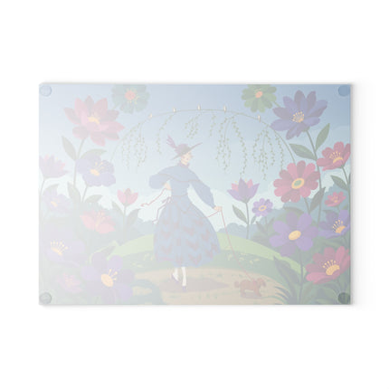 🌸🐕 The Lady Of The Flower Walk Glass Cutting Board – Art Deco Garden Elegance