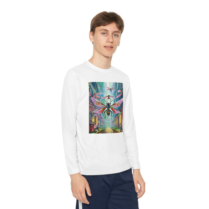 Neon Swarm Youth Long Sleeve Competitor Tee – Cyberpunk Flight & Futuristic Energy