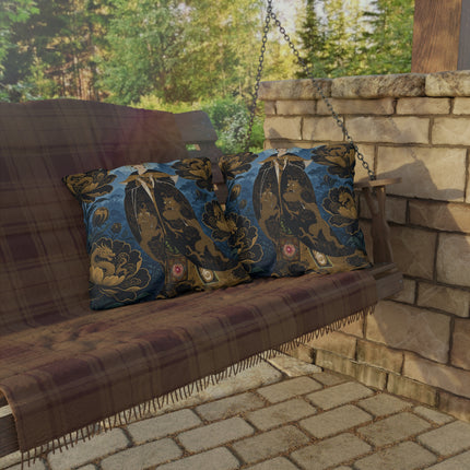 🐉🌺 The Golden Dragon Empress Outdoor Pillow – Art Deco Oriental Fantasy
