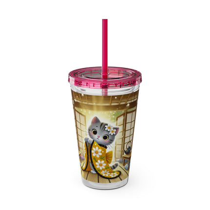 Playful Kitten in the Tea Room Sunsplash Tumbler with Straw, 16oz