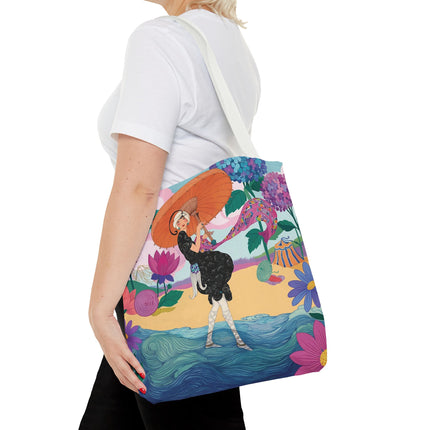 ☂️🌺 The Lady Of The Seaside Parasol Tote Bag – Art Deco Floral Fashion