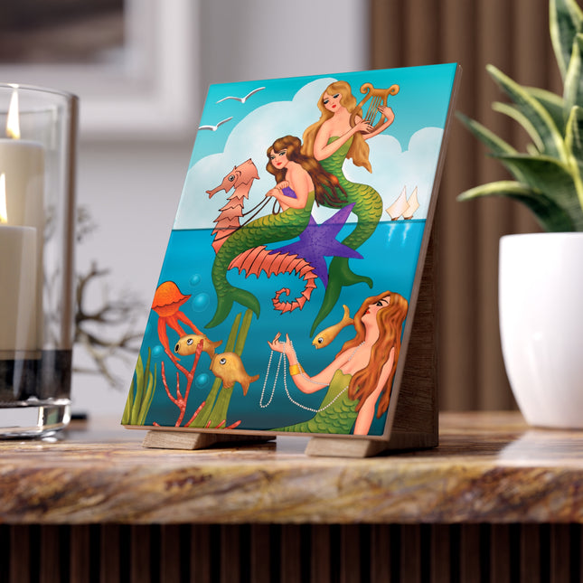 Three Mermaids with Strings of Pearls by Carlo Chiostri Ceramic Tile