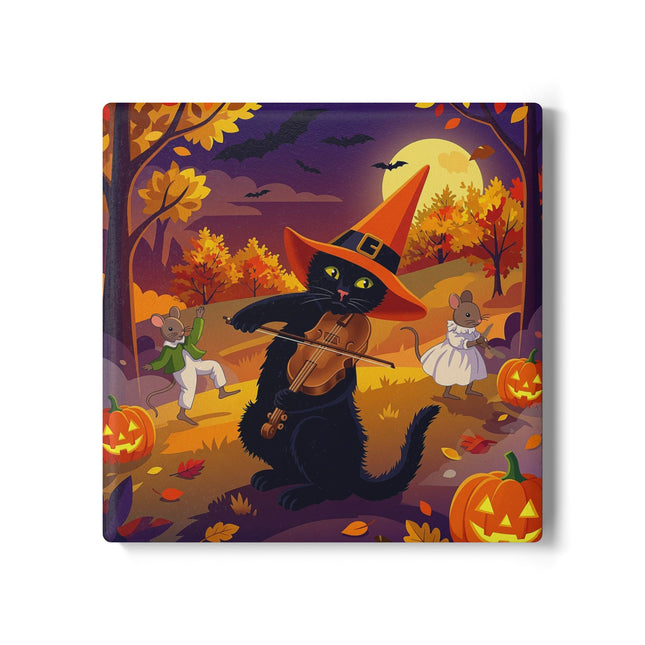 🐈‍⬛🎻 The Black Cat’s Moonlit Melody Ceramic Coaster – Whimsical Halloween Music