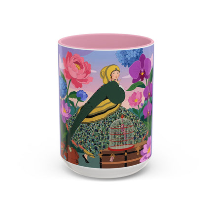 The Lady And The Crimson Birdcage Colorful Mugs – Art Deco Tropical Garden Elegance
