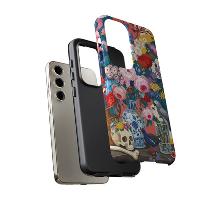 Floral Vanitas Phone Case – Parrot & Porcelain Splendor