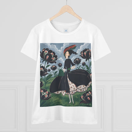 ❤️🌺 The Scarlet Parasol Garden Cotton Tee – Art Deco Floral Elegance