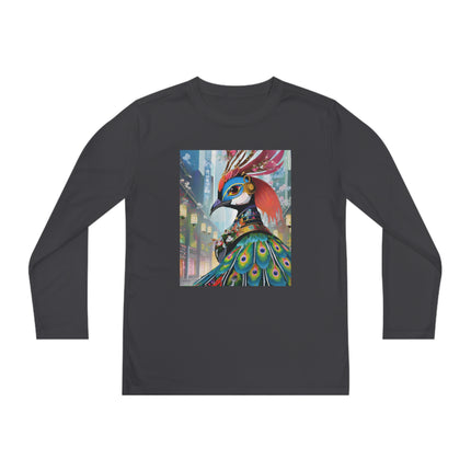 Techno Plumes Youth Long Sleeve Competitor Tee – Futuristic Elegance & Neon Feathers