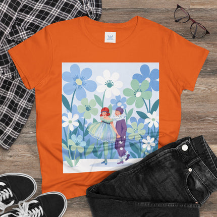 🌸🎭 The Little Dancers In The Flower Garden Cotton Tee – Art Deco Floral Whimsy