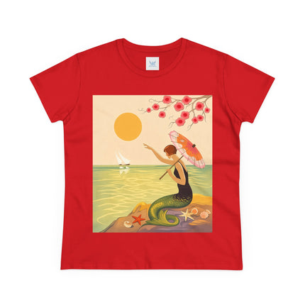 🧜‍♀️🌸 The Mermaid Beneath The Blossoms Cotton Tee – Art Deco Seaside Fantasy