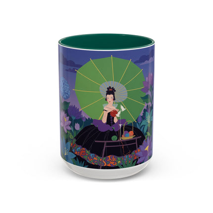 The Lady Of The Moonlit Needlework Colorful Mugs – Art Deco Crafting Elegance