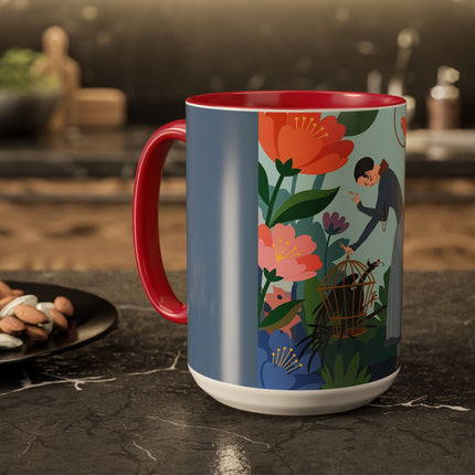 The Lady And The Mysterious Bird Colorful Mugs – Art Deco Botanical Mystery