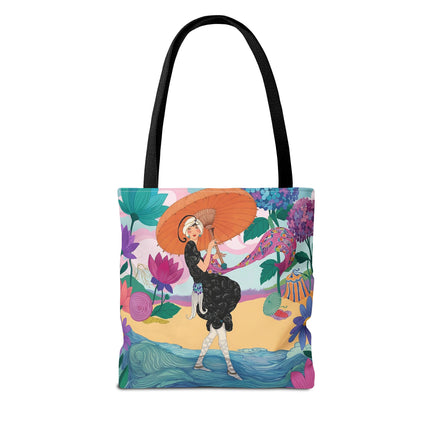 ☂️🌺 The Lady Of The Seaside Parasol Tote Bag – Art Deco Floral Fashion