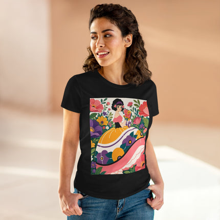 🌸💜 The Girl With The Flower Bouquet Cotton Tee – Art Deco Floral Whimsy