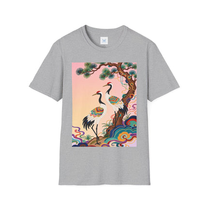 🐦🌸 The Enchanted Crane Garden Softstyle T-Shirt – Oriental Elegance & Colorful Harmony