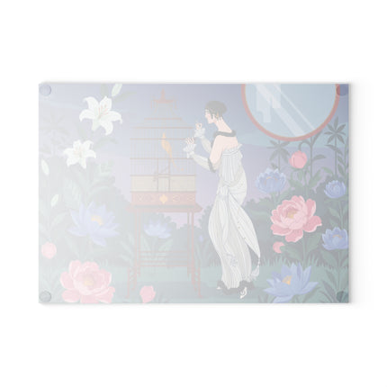 🐦🌸 The Lady Of The Golden Songbird Glass Cutting Board – Art Deco Floral Garden Elegance