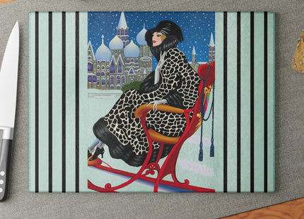 Elegant Winter Woman in Sleigh Glass Cutting Board
