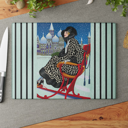 Elegant Winter Woman in Sleigh Glass Cutting Board